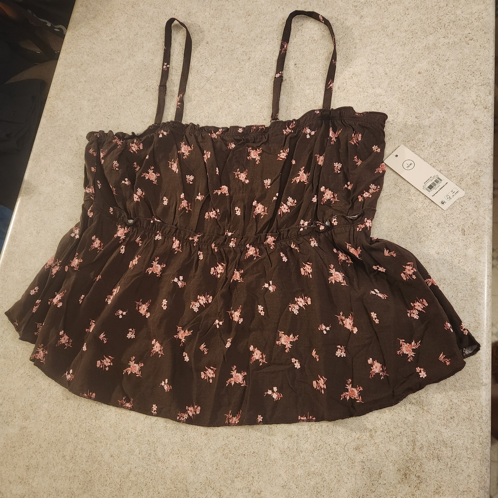 NWT Brown/pink Floral Ruffle Spaghetti Strap Top Size Large